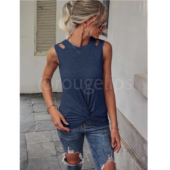 Blue Tank Top Shirt Casual Cut Out Shoulders Twisted Knot Hem - Picture 6 of 8